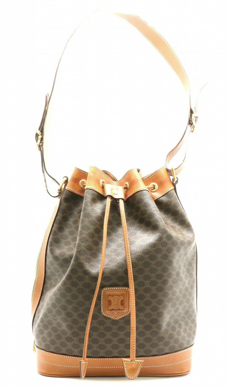 Celine Macadam drawstring bag shoulder Hobo leather dark brown